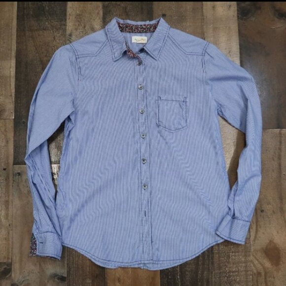 Meadow Rue Anthropologie Blue White Striped Button Up Shirt Floral Cuff Size 2 - Picture 3 of 6
